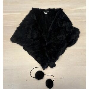 Harry Angel 100% Rabbit Fur Black Collar Scarf Wrap Stole with Pom Pom Ties